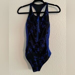 Fabletics Black and Royal Blue Zippered Racerback One-Piece